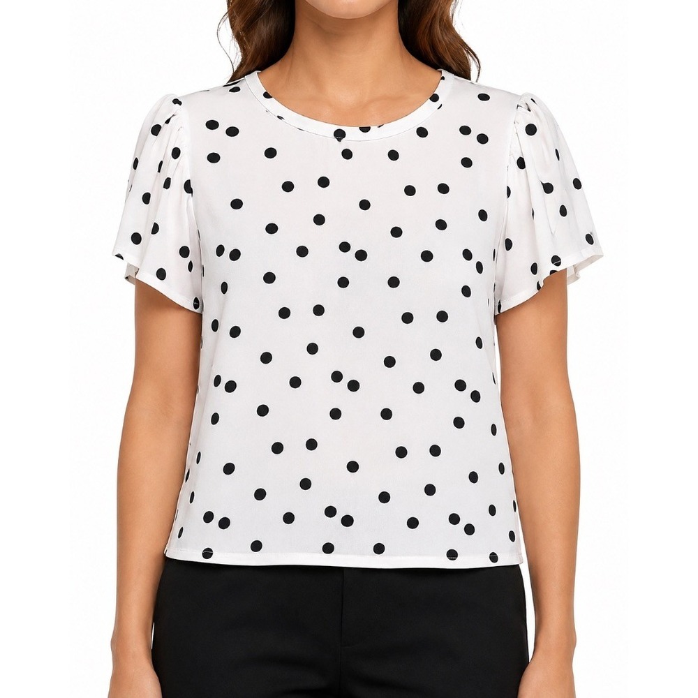 New York Company Womens Blouse Top White Black Polka Dot Ruffle Sleeve XL